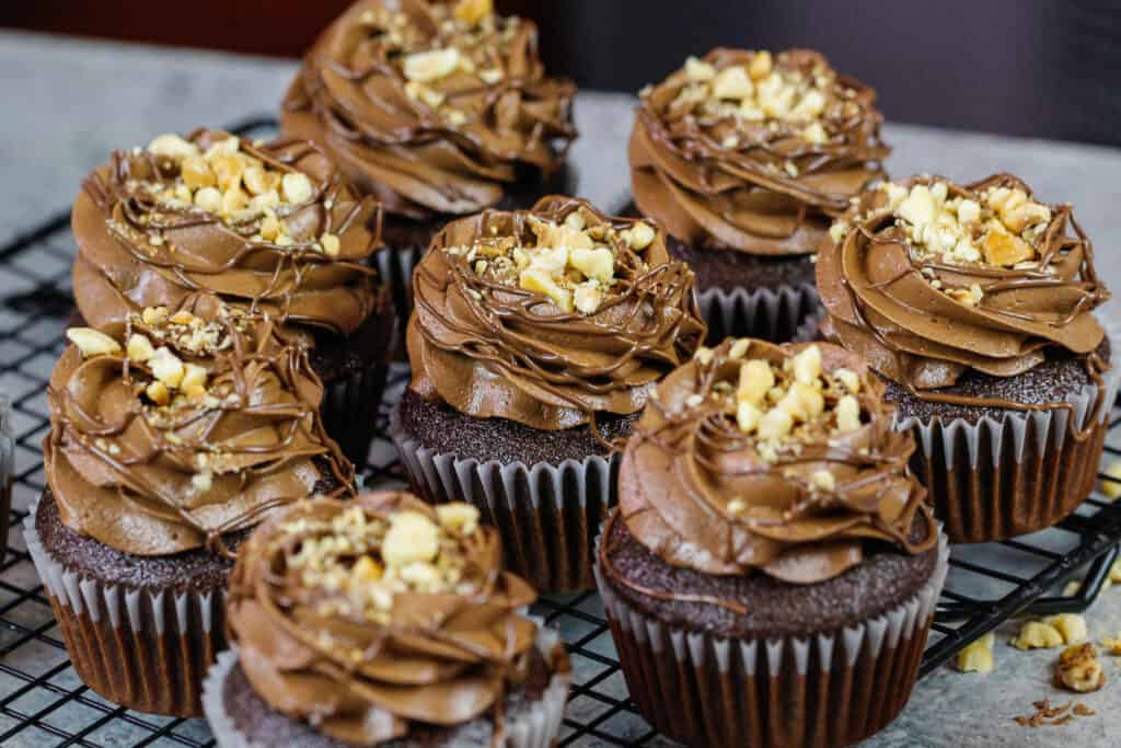 image of chocolate nutella cupcakes decorated with a nutella buttercream