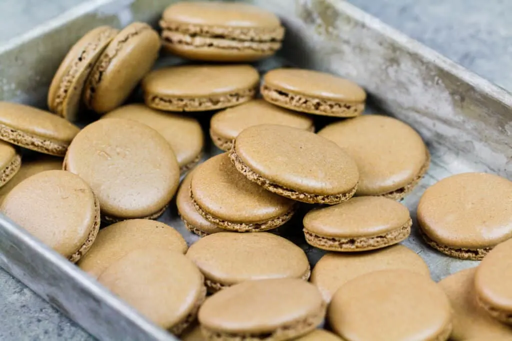 image of chocolate macaron shells that have been baked to make Nutella macarons