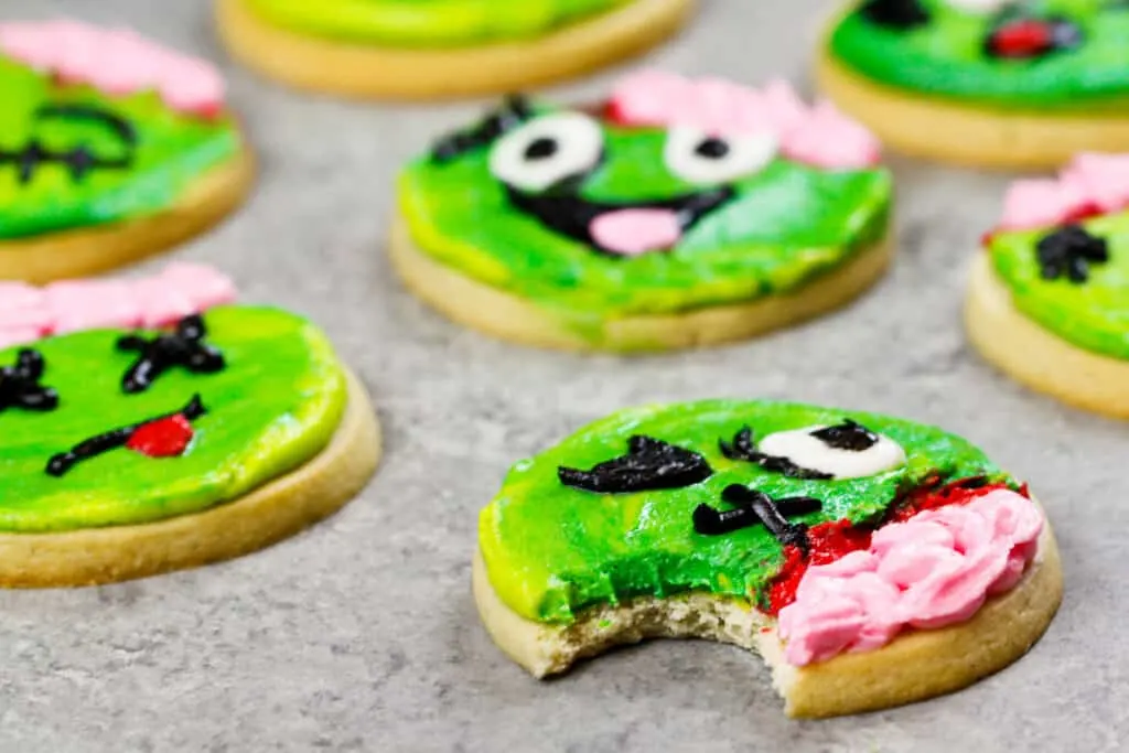 image of a zombie cookie that's been bitten into to show how soft and chewy the cookie is