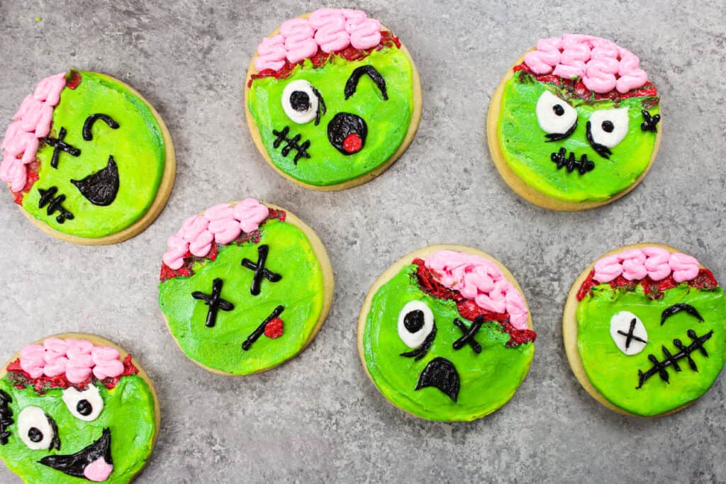 image of zombie cookies made with soft cream cheese cookies and homemade buttercream frosting