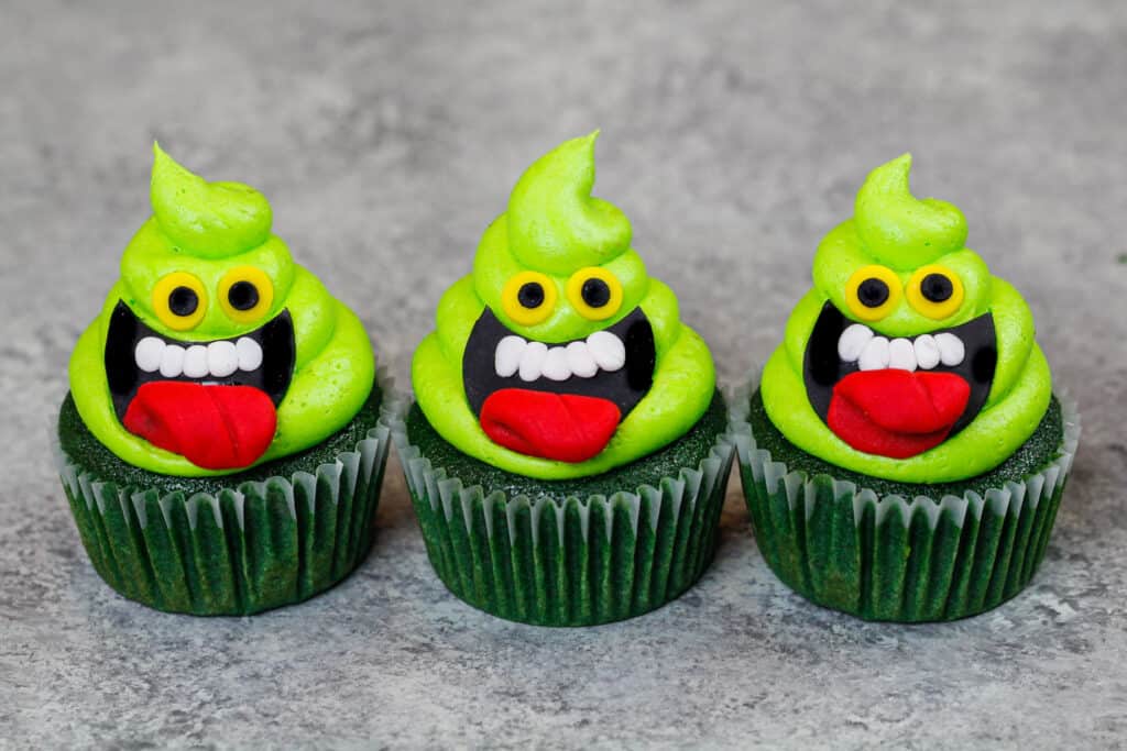 image of slimer cupcakes on counter