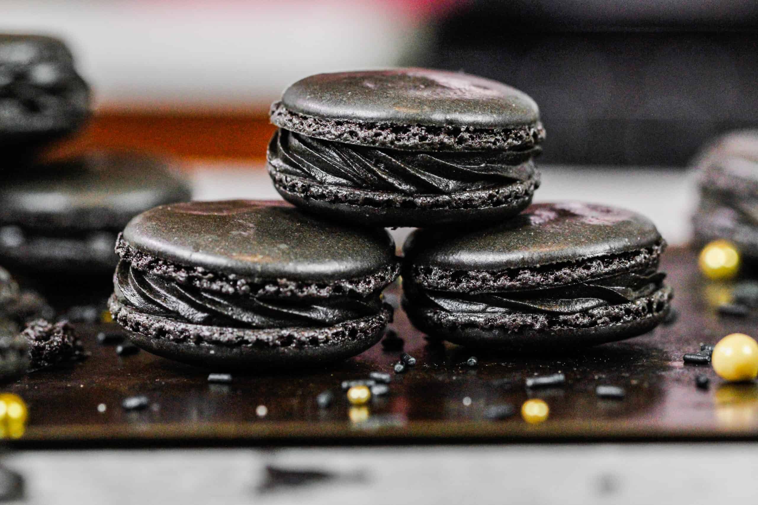 Black Macarons with Decadent Dark Chocolate Filling - Chelsweets