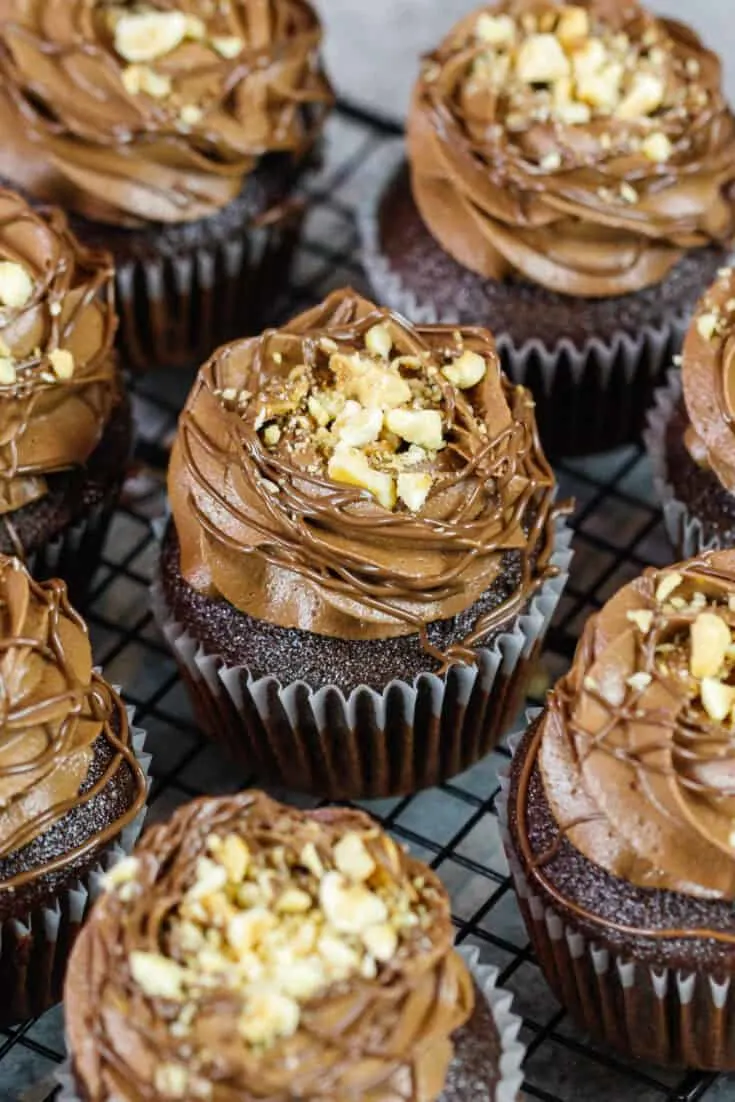 image of nutella cupcakes frosted with a fluffy nutella buttercream
