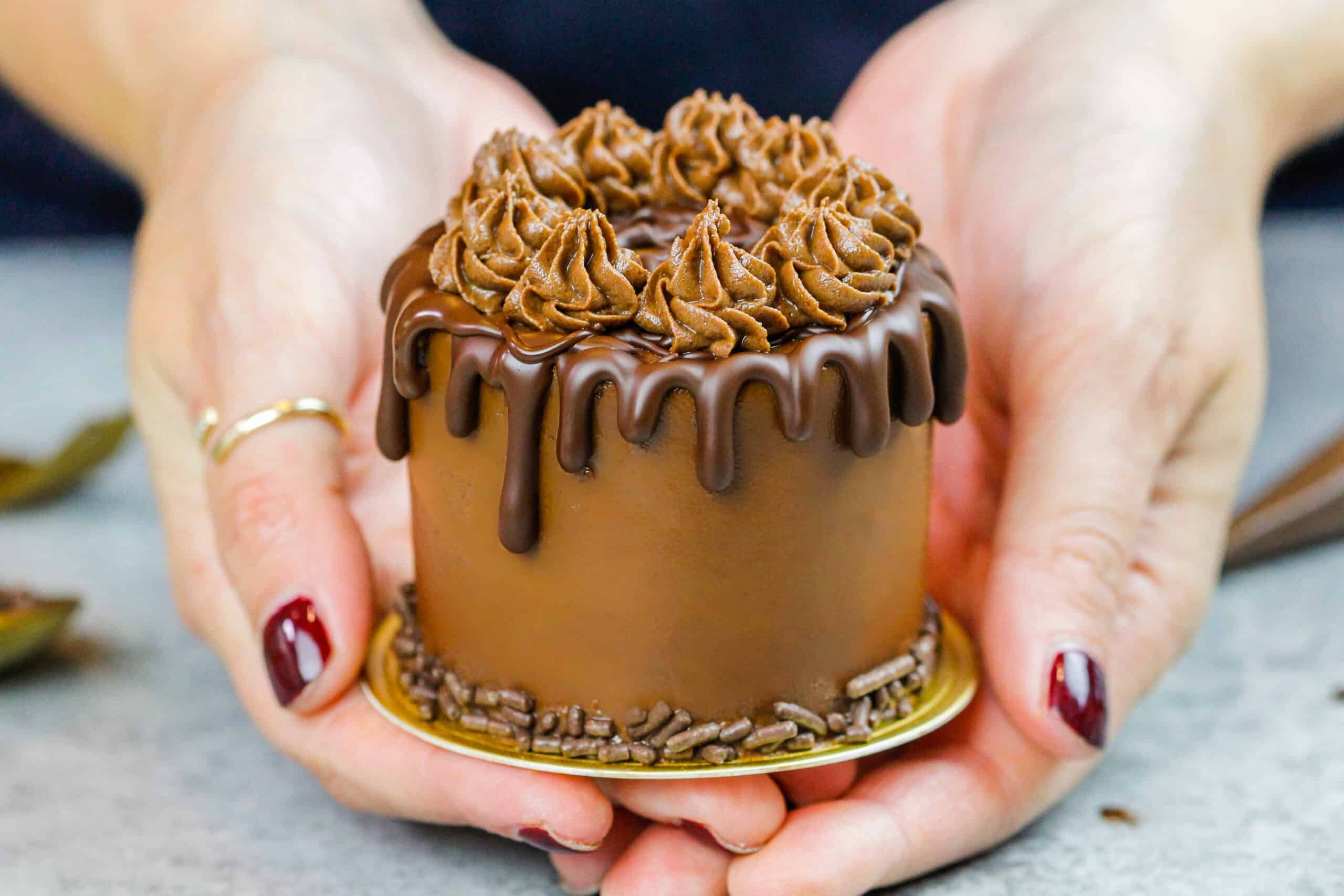 image of a mini chocolate cake made with 3-inch cake layers