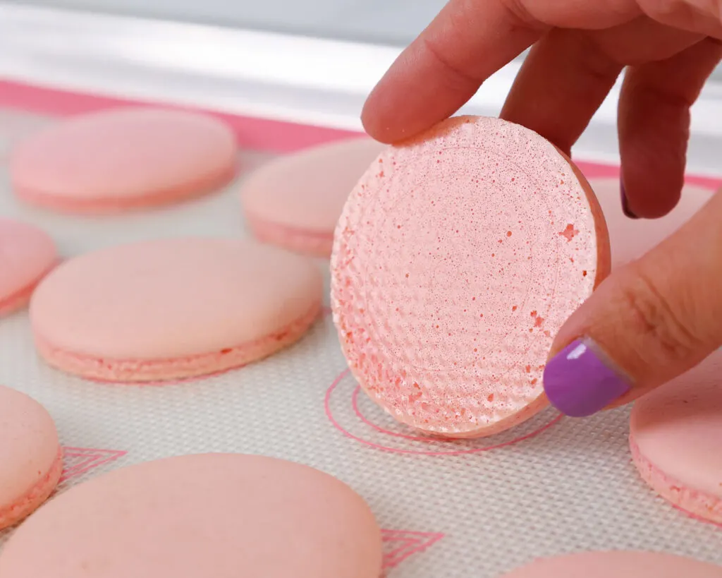 image of an Italian macaron that has been baked and peels cleanly off the mat