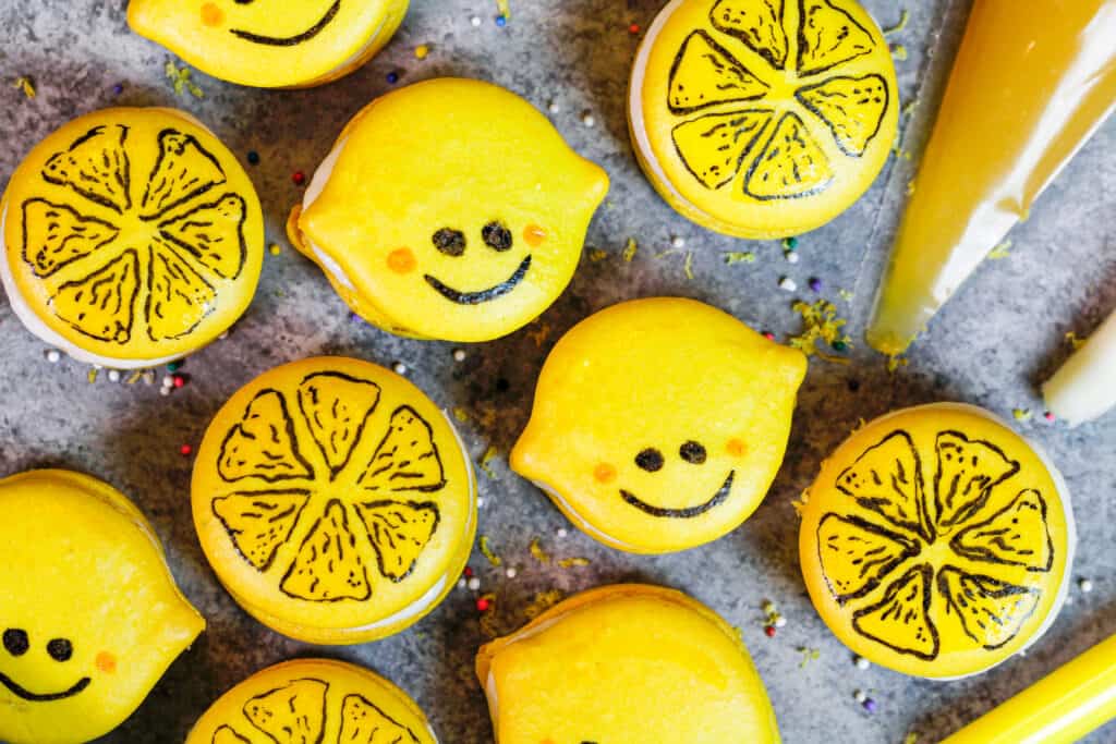 image of adorable and cute lemon macarons that have been decorated with an edible marker