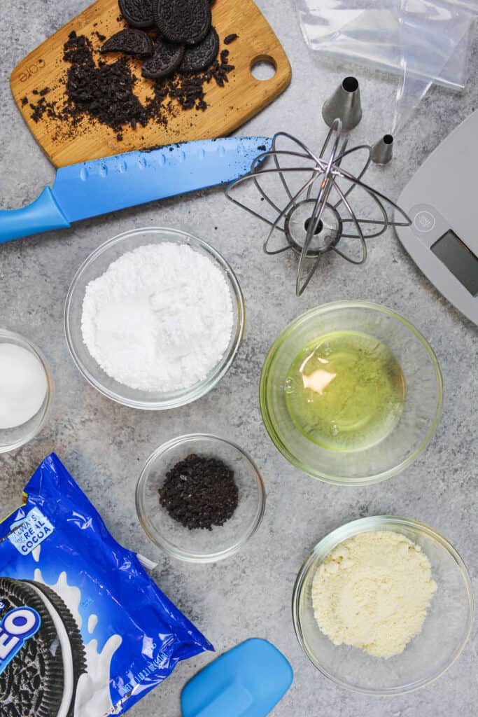 image of ingredients laid out to make oreo cookies and cream macarons
