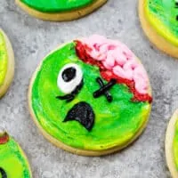 image of zombie cookies made with soft cream cheese cookies and homemade buttercream frosting