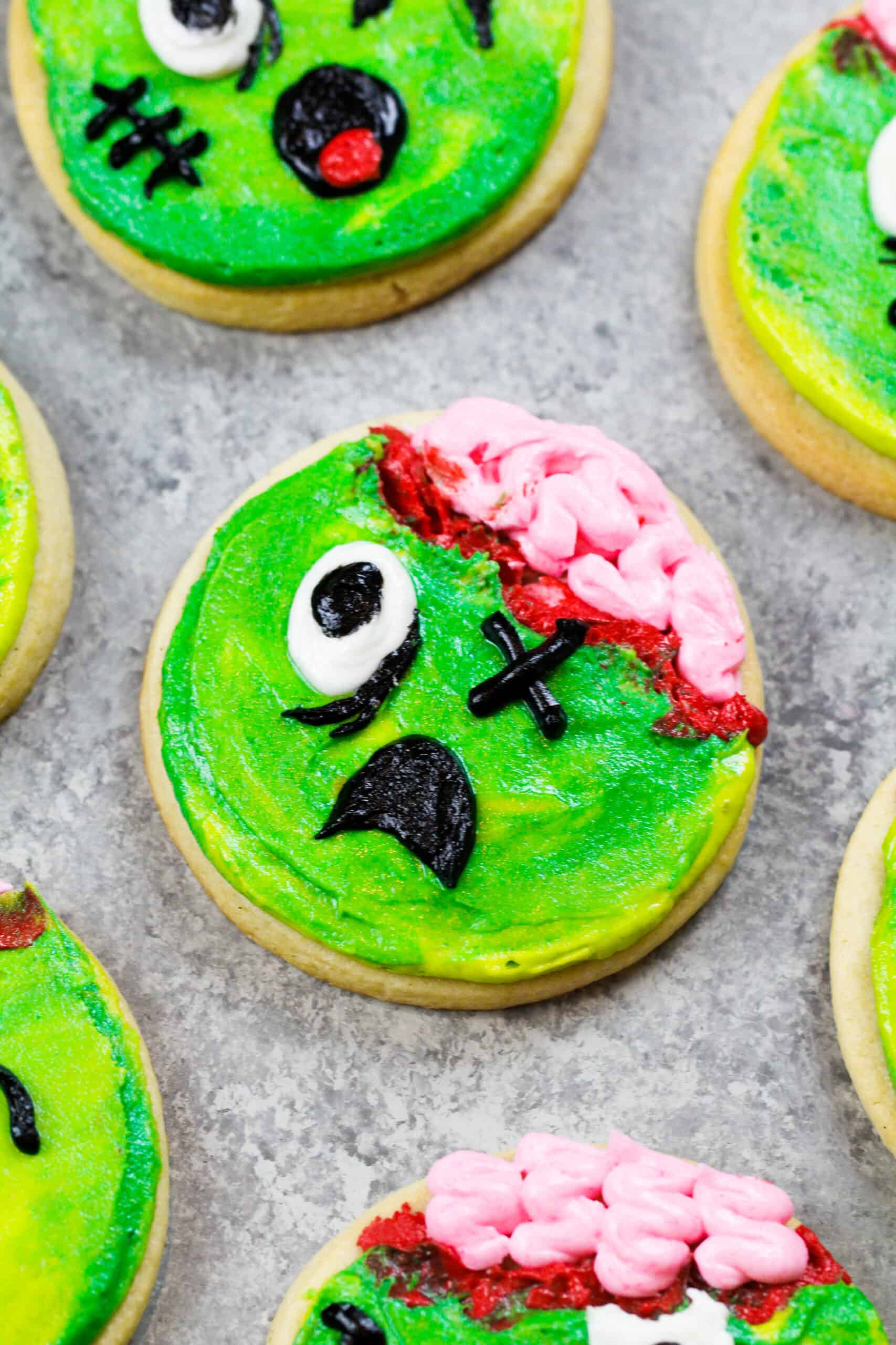 image of zombie cookies made with soft cream cheese cookies and homemade buttercream frosting