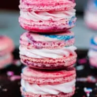 image of cotton candy macarons stacked on each other