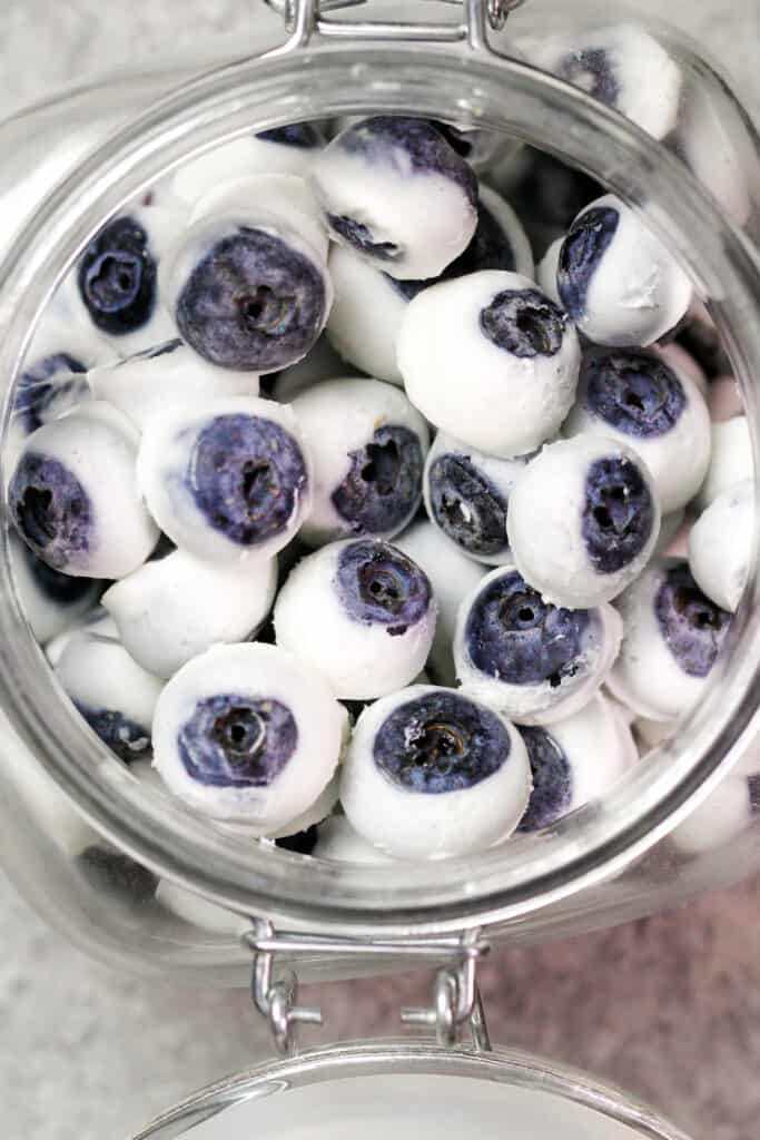 image of yogurt covered blueberries stored in an airtight container