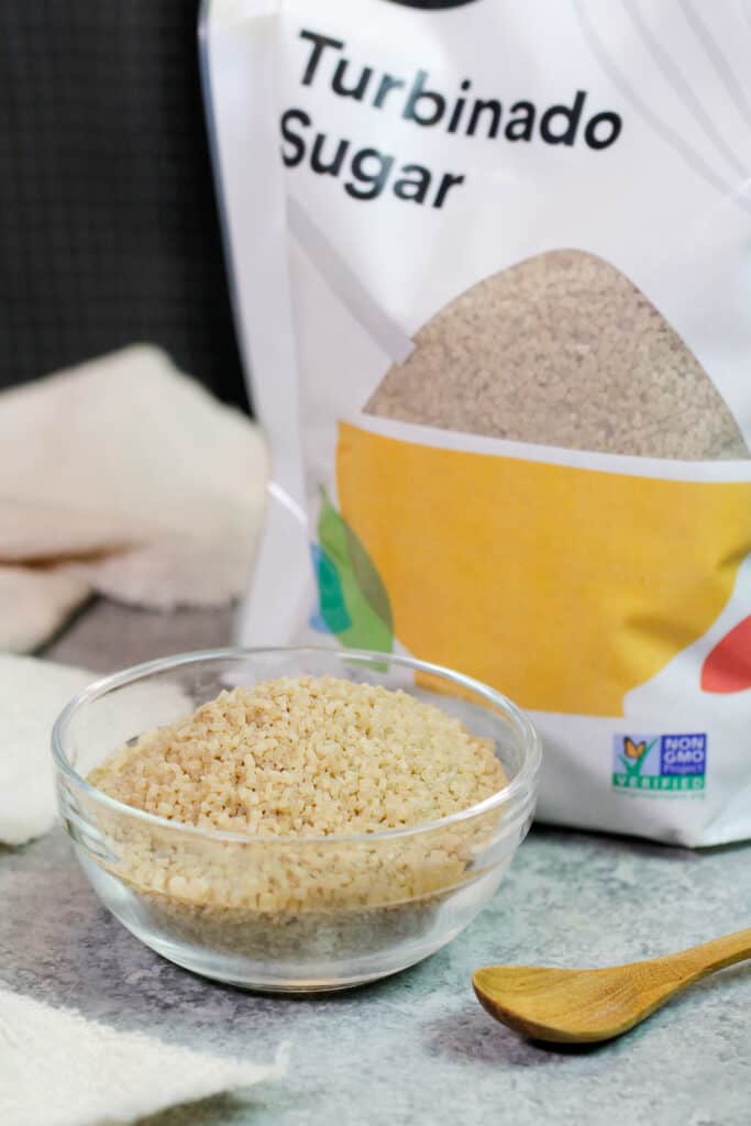 image of turbinado sugar in bowl showing how large its granules of sugar are