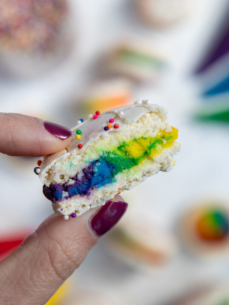 image of a rainbow macaron that's been bitten into to show it's colorful buttercream filling