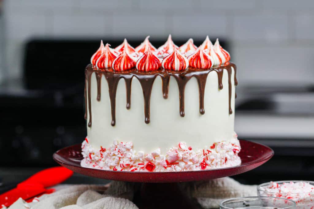 image of a peppermint mocha cake decorated with crushed peppermint and a mocha chocolate drip