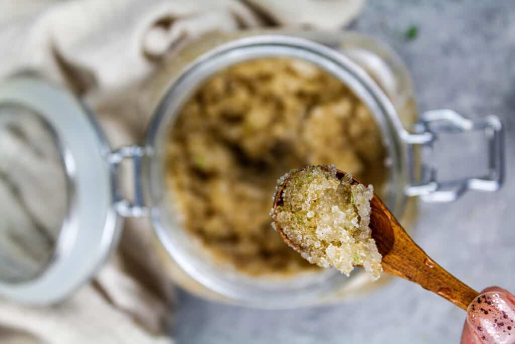 image of coconut lime sugar scrub made in a reusable glass jar to be used as a natural exfoliator