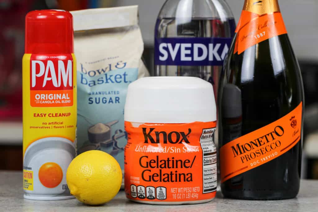 image of ingredients laid out to make champagne jello shots for new years eve
