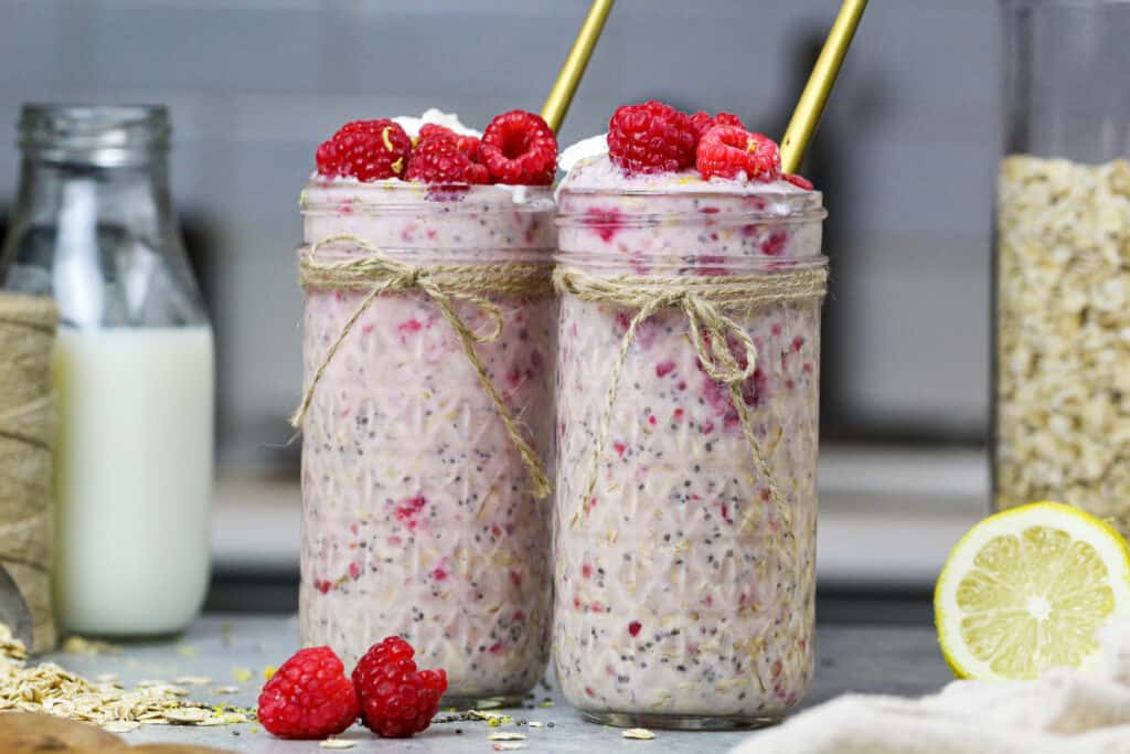 image of raspberry overnight oats that have been made in advance and are ready to be eaten the next day