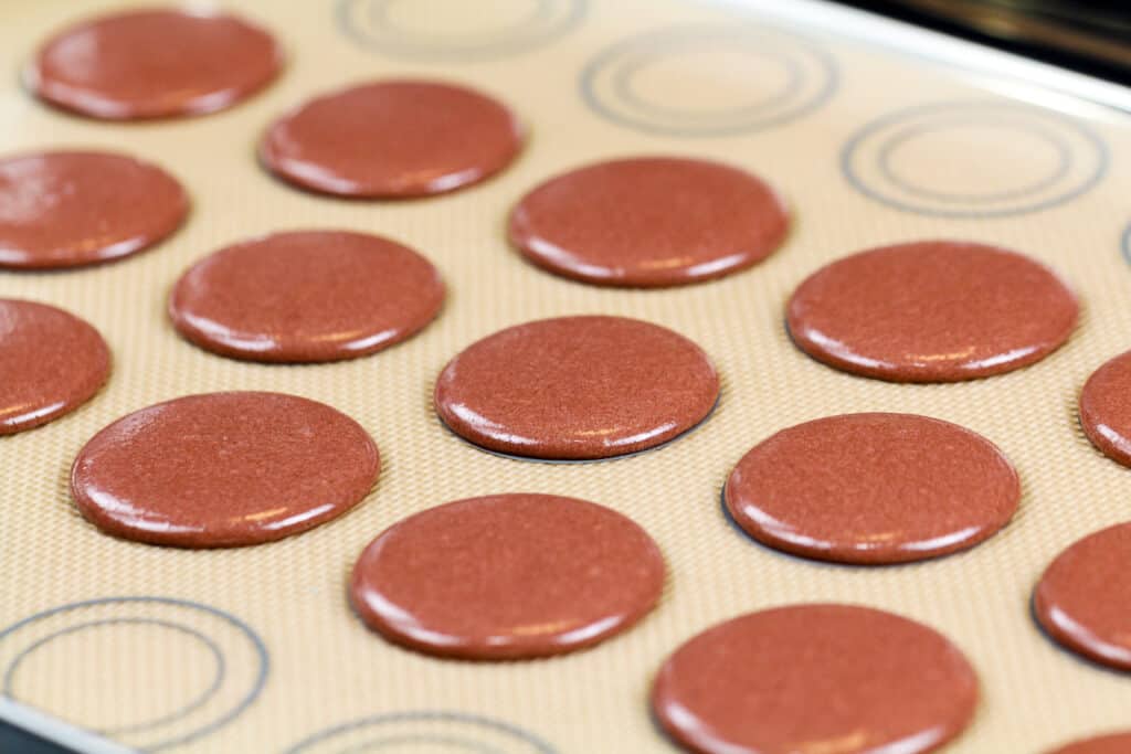 image of piped gingerbread macaron shells that are resting
