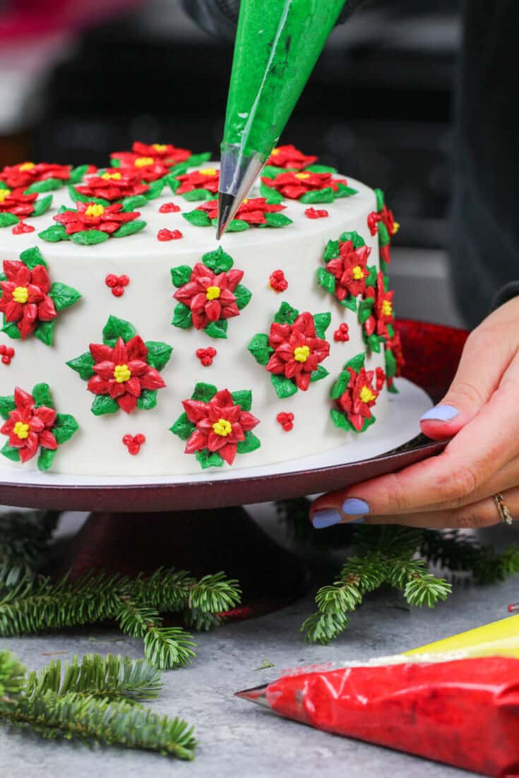 image of poinsettia cake made with red and green buttercream frosting