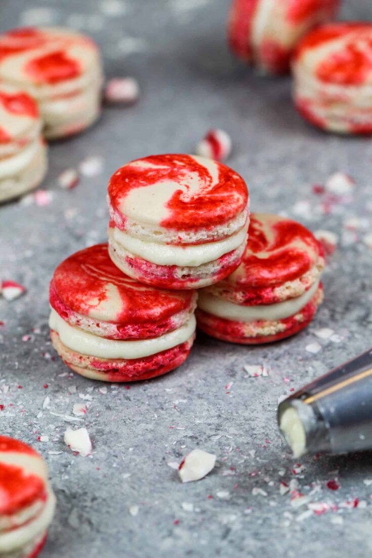 image of peppermint macarons made with a peppermint white chocolate ganache filling