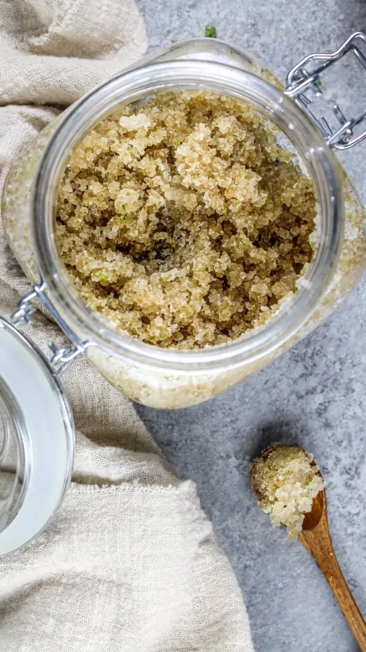 image of a coconut sugar scrub in a glass jar