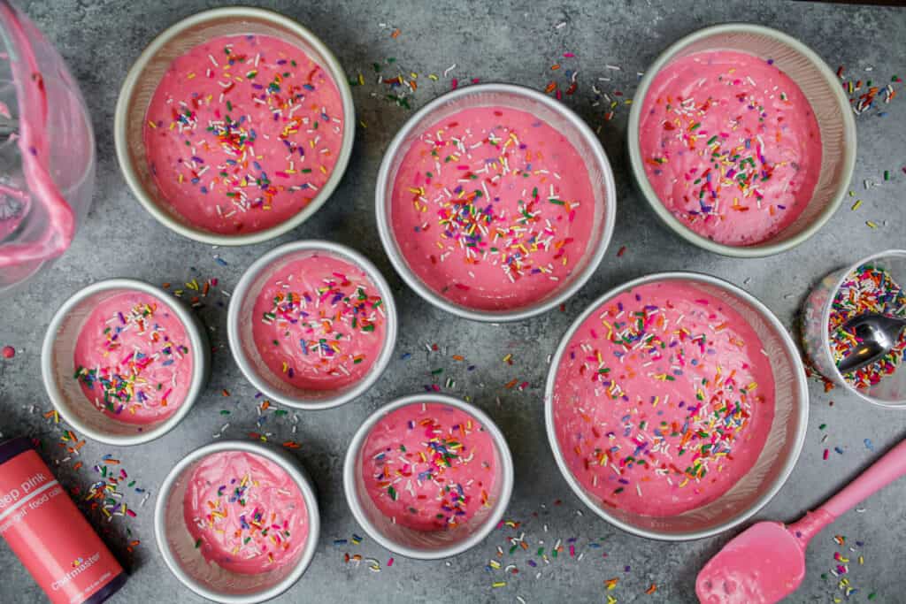 image of pink funfetti cake batter poured into pans and ready to be baked