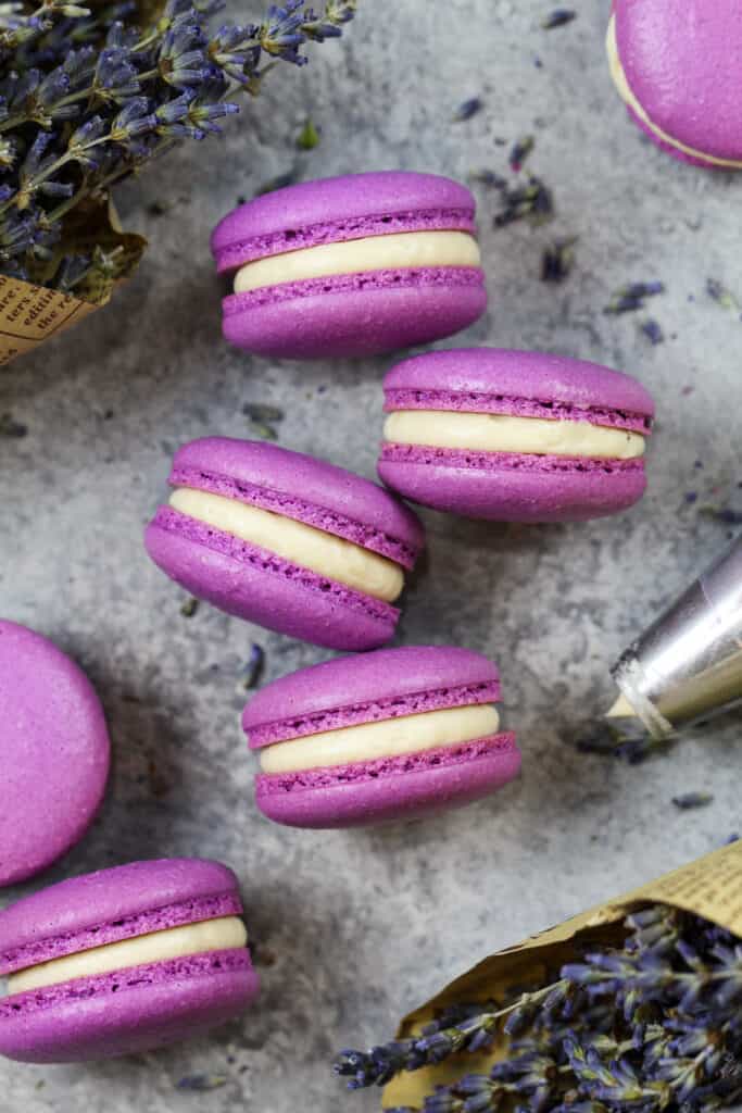 image of honey lavender macarons filled with a honey buttercream