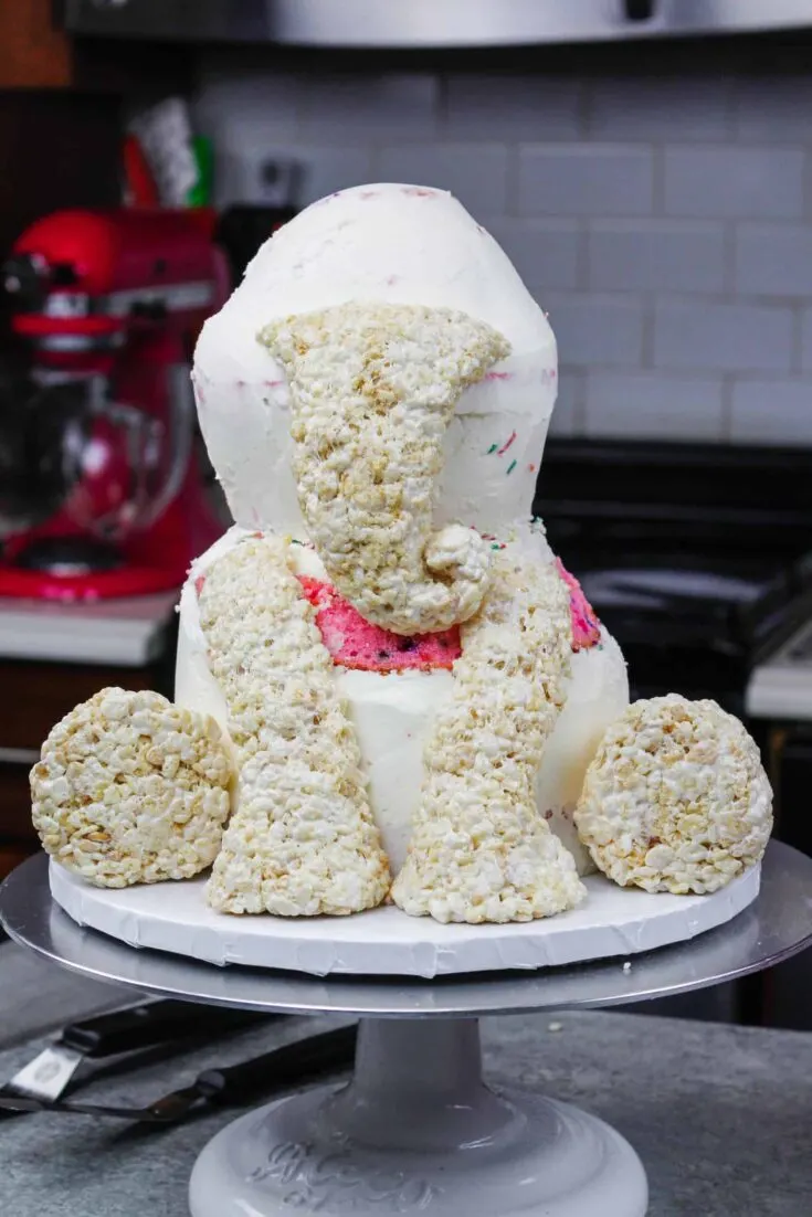 image of an elephant cake made with buttercream and cake decorating rice krispie treats