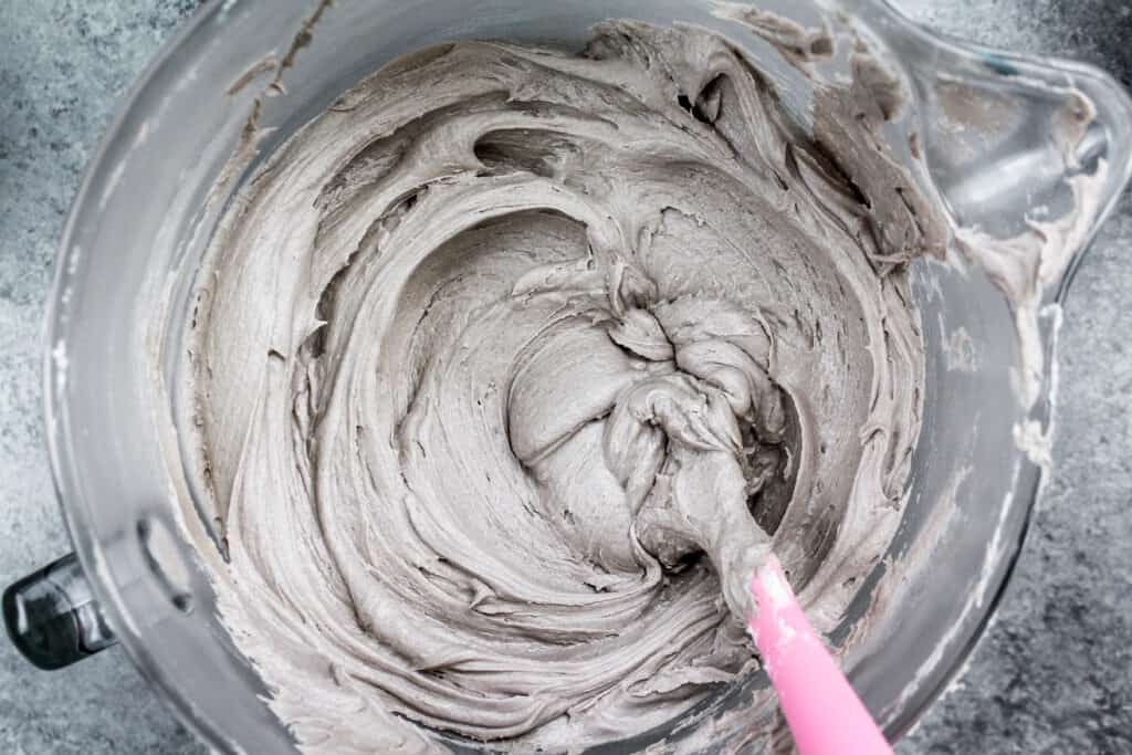 image of naturally grey buttercream frosting made with black cocoa powder