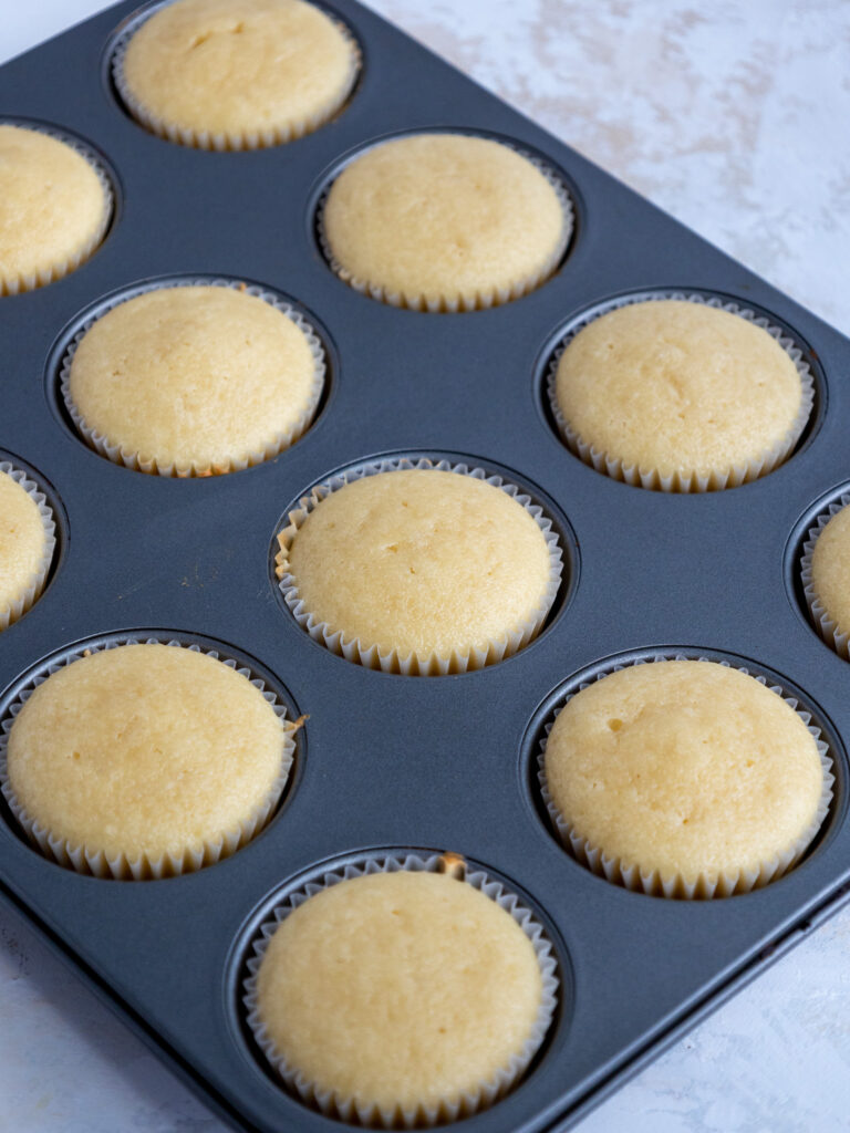 image of baked vanilla cupcakes in a pan
