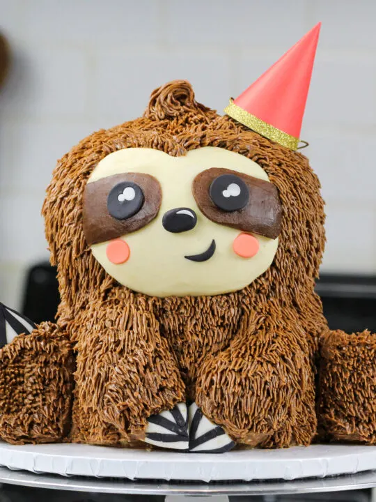 image of a sloth birthday cake made with chocolate cake layers and chocolate peanut butter buttercream