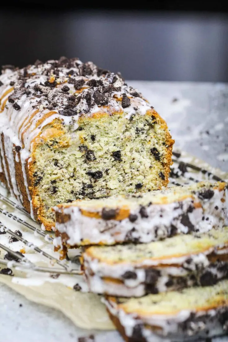 image of oreo banana bread that's been cut into to show how tender its texture is