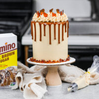 image of a mini brown sugar caramel drip cake made with 4-inch cake layers