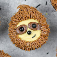 image of adorable sloth cupcakes made with chocolate cupcakes and chocolate peanut butter frosting