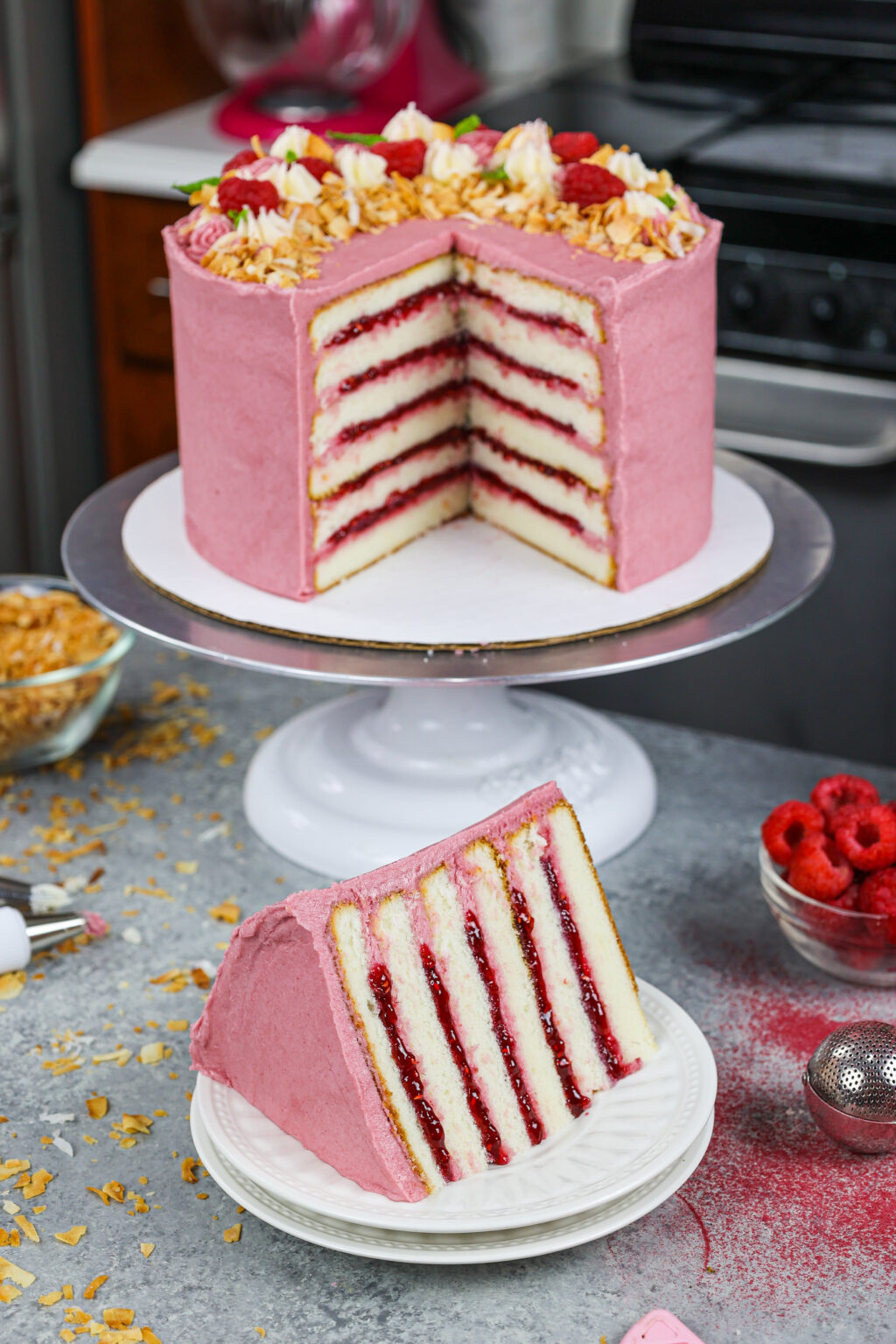 Raspberry and Coconut Cake - Fluffy Cake Layers w/ Raspberry Frosting