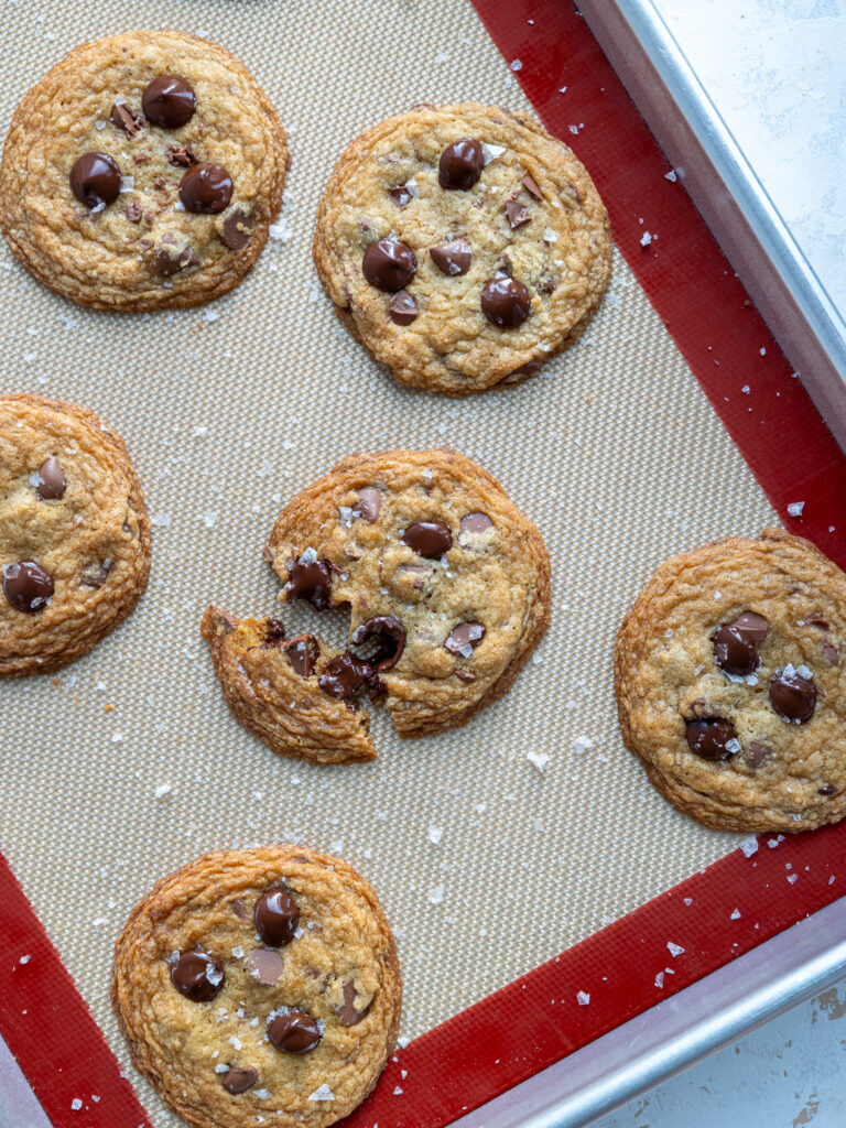 image of no chill chocolate chip cookies that have been baked and are cooling on a baking tray