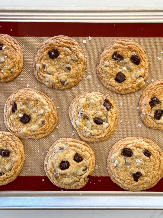 image of no chill chocolate chip cookies that have been garnished with flakey sea salt