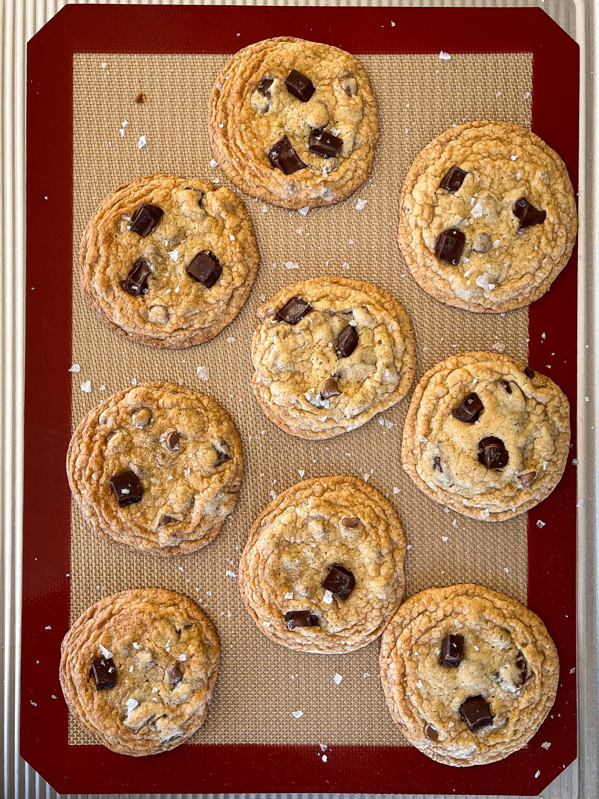 image of no chill chocolate chip cookies that have been garnished with flakey sea salt