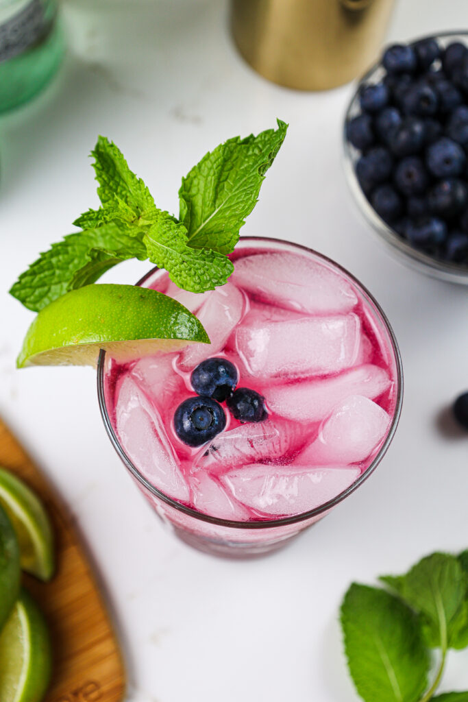 image of a blueberry mojito garnished with fresh blueberries, a sprig of min and a lime wedge
