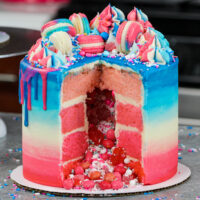 image of a gender reveal cake decorated with ombre cake layers and a surprise inside sprinkle and candy filling