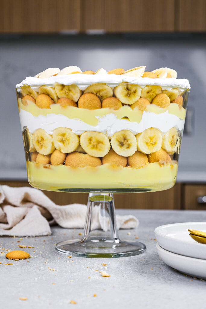 image of banana pudding trifle that's been layered and is ready to be eaten