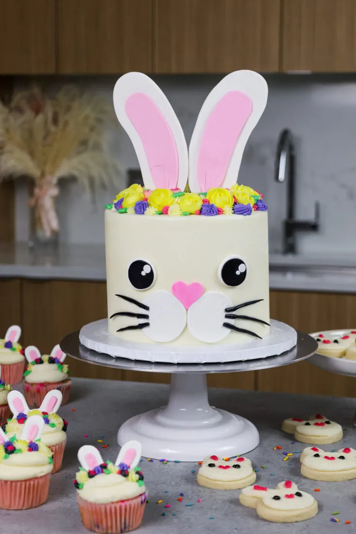 image of a bunny birthday cake made with funfetti cake layers and homemade vanilla buttercream