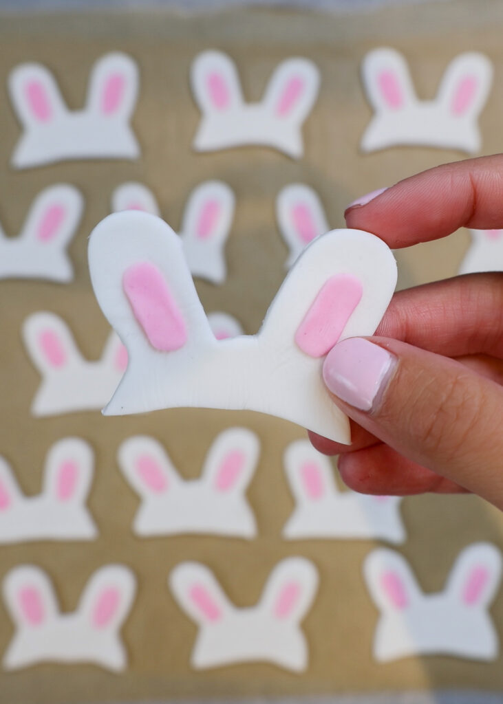 image of fondant bunny ears cut out to make cute bunny cupcakes
