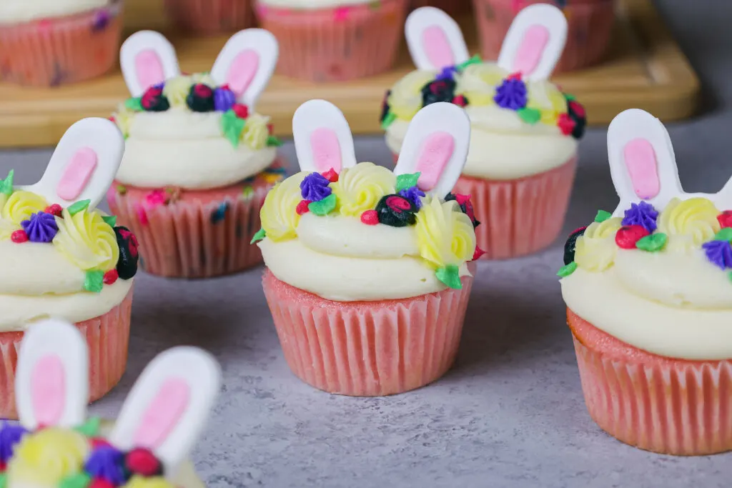 image of adorable and easy to make bunny cupcakes made with buttercream and fondant ears