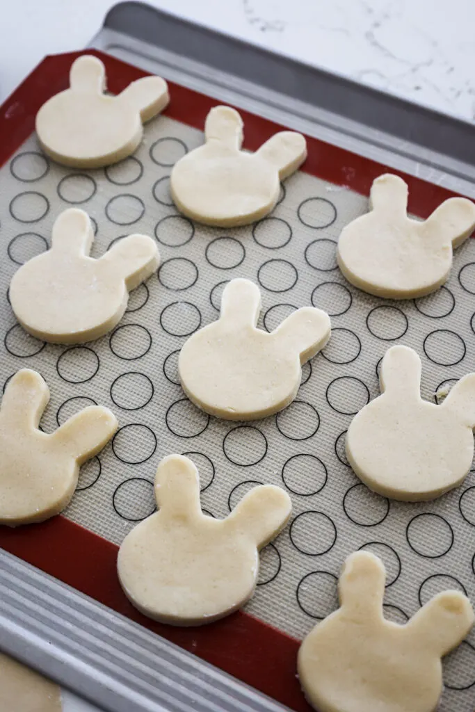 image of bunny rabbit cookies cut out and chilled and ready to be baked