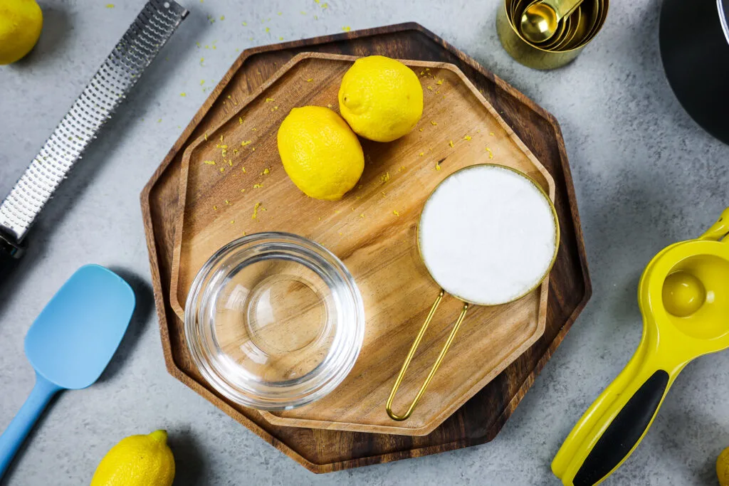 image of ingredients laid out to make lemon simple syrup