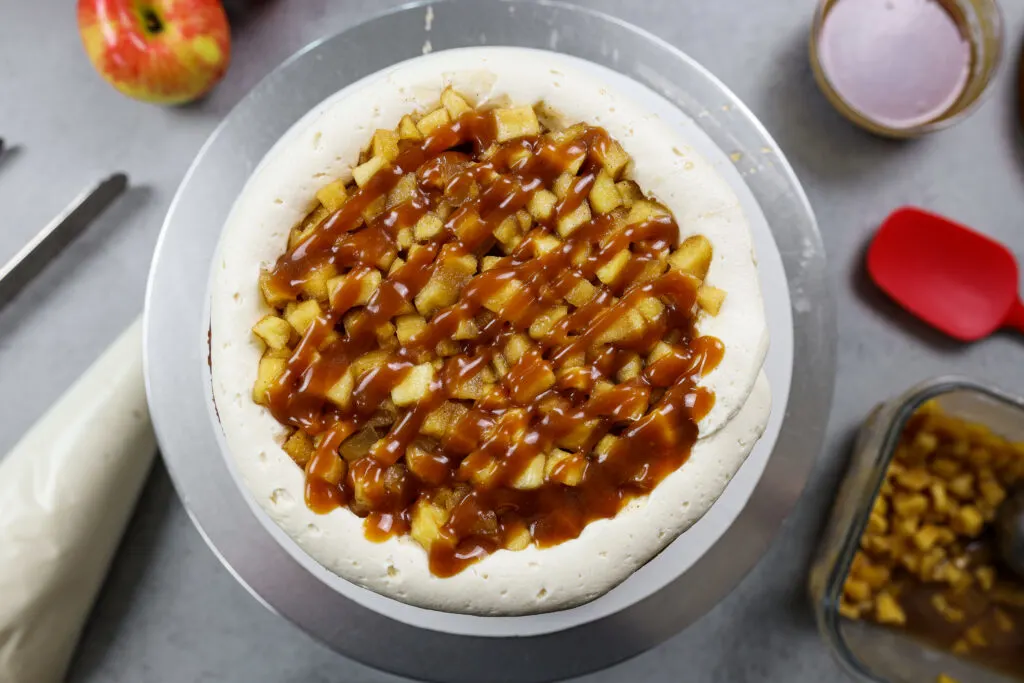 image of the filling of a caramel apple cake