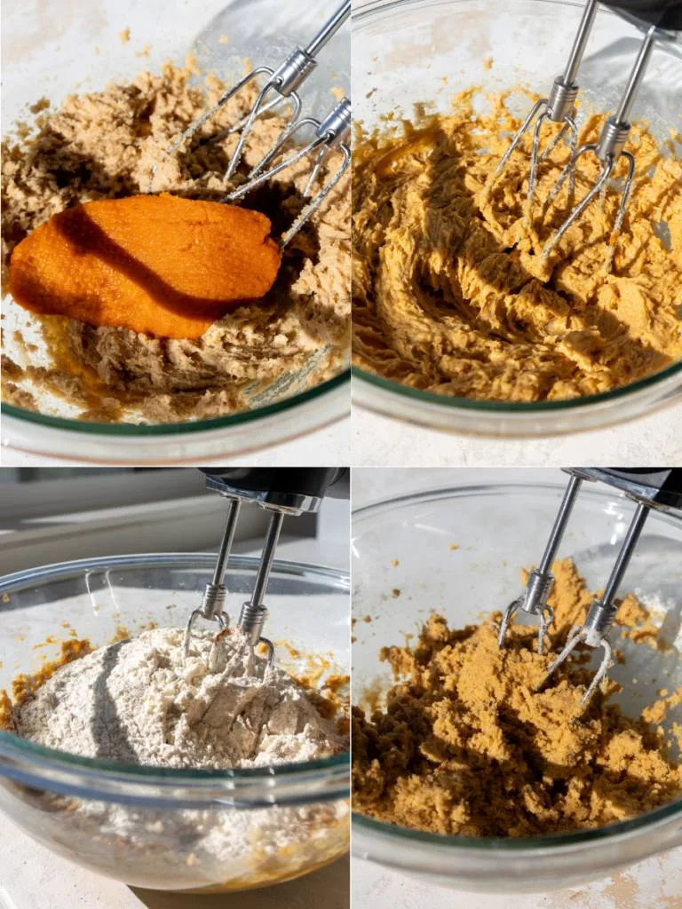 image of pumpkin being added to pumpkin cheesecake cookie dough