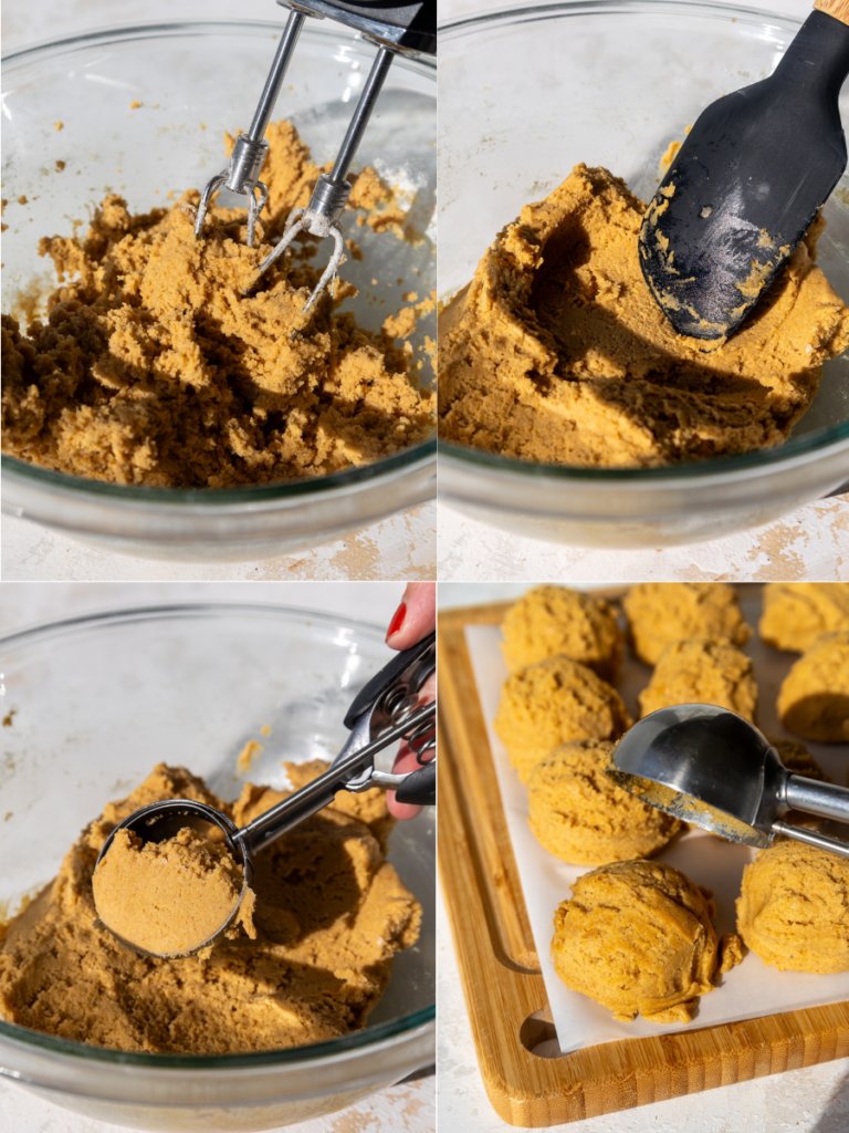 image of pumpkin cookie dough being scooped to make pumpkin cheesecake cookies