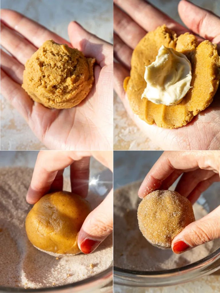 image of a pumpkin cheesecake cookie being filled with cheesecake filling